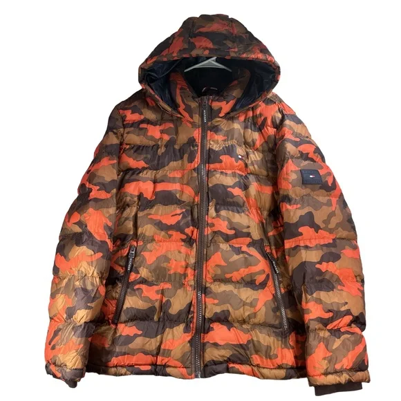 Tommy Hilfiger Mens XXL Orange Camo Hooded Puffer Parka Insulated Never worn - Picture 2 of 11